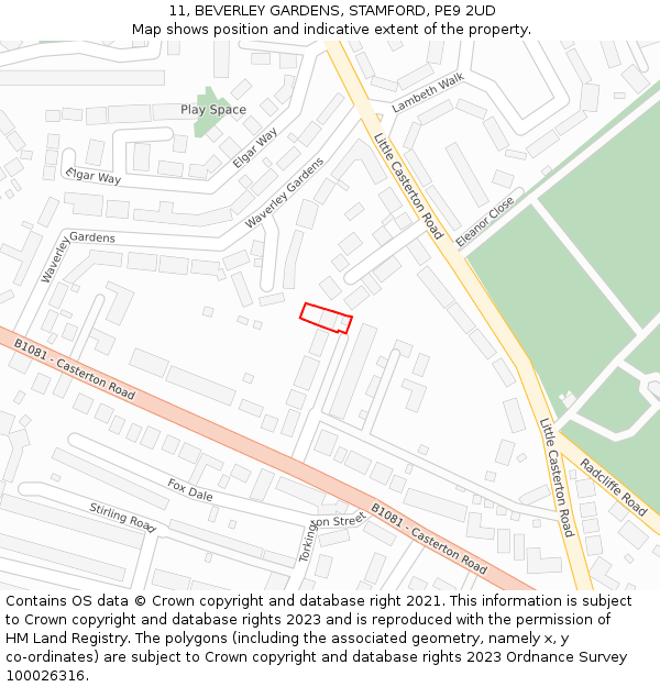 11, BEVERLEY GARDENS, STAMFORD, PE9 2UD: Location map and indicative extent of plot