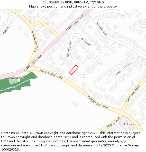 11, BEVERLEY RISE, BRIXHAM, TQ5 9NQ: Location map and indicative extent of plot