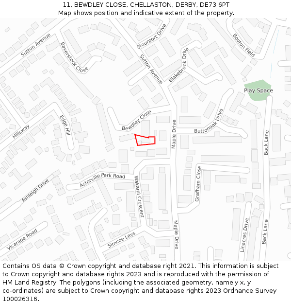 11, BEWDLEY CLOSE, CHELLASTON, DERBY, DE73 6PT: Location map and indicative extent of plot