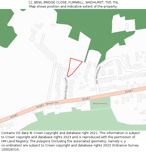 11, BEWL BRIDGE CLOSE, FLIMWELL, WADHURST, TN5 7NL: Location map and indicative extent of plot