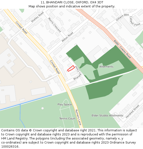 11, BHANDARI CLOSE, OXFORD, OX4 3DT: Location map and indicative extent of plot