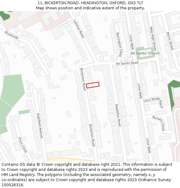 11, BICKERTON ROAD, HEADINGTON, OXFORD, OX3 7LT: Location map and indicative extent of plot