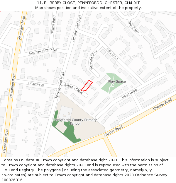 11, BILBERRY CLOSE, PENYFFORDD, CHESTER, CH4 0LT: Location map and indicative extent of plot
