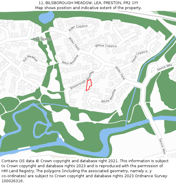 11, BILSBOROUGH MEADOW, LEA, PRESTON, PR2 1YY: Location map and indicative extent of plot