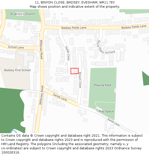 11, BINYON CLOSE, BADSEY, EVESHAM, WR11 7EY: Location map and indicative extent of plot