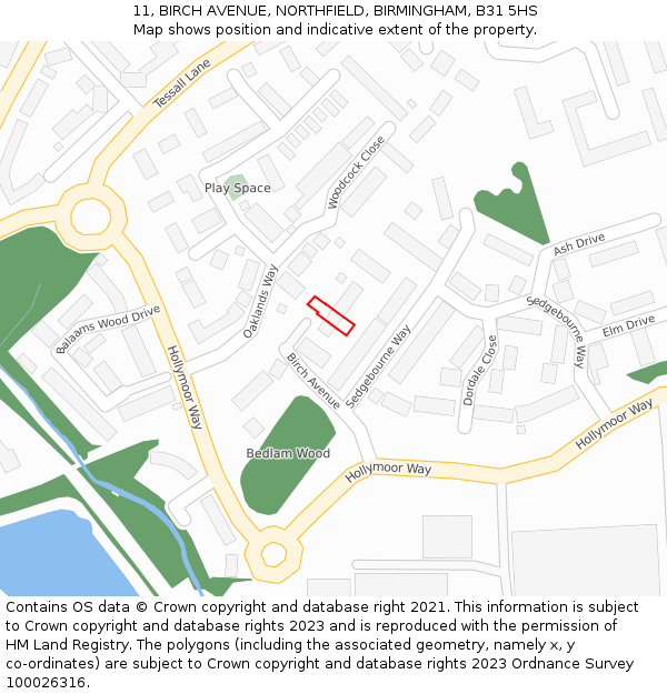 11, BIRCH AVENUE, NORTHFIELD, BIRMINGHAM, B31 5HS: Location map and indicative extent of plot