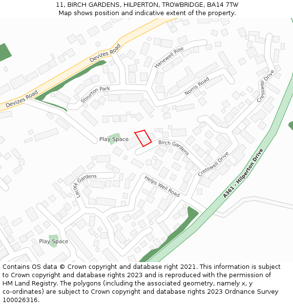 11, BIRCH GARDENS, HILPERTON, TROWBRIDGE, BA14 7TW: Location map and indicative extent of plot