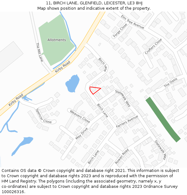 11, BIRCH LANE, GLENFIELD, LEICESTER, LE3 8HJ: Location map and indicative extent of plot