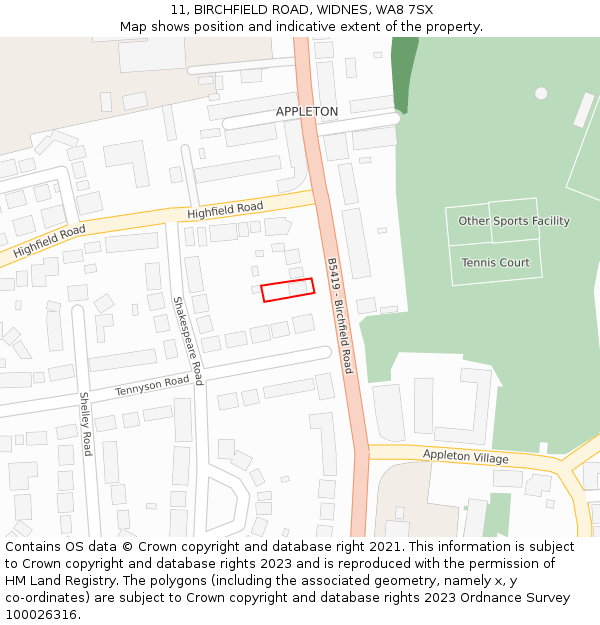 11, BIRCHFIELD ROAD, WIDNES, WA8 7SX: Location map and indicative extent of plot