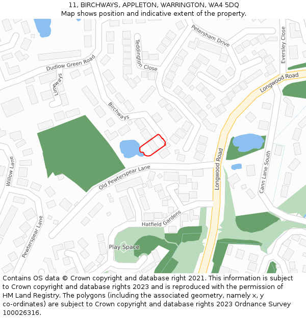 11, BIRCHWAYS, APPLETON, WARRINGTON, WA4 5DQ: Location map and indicative extent of plot