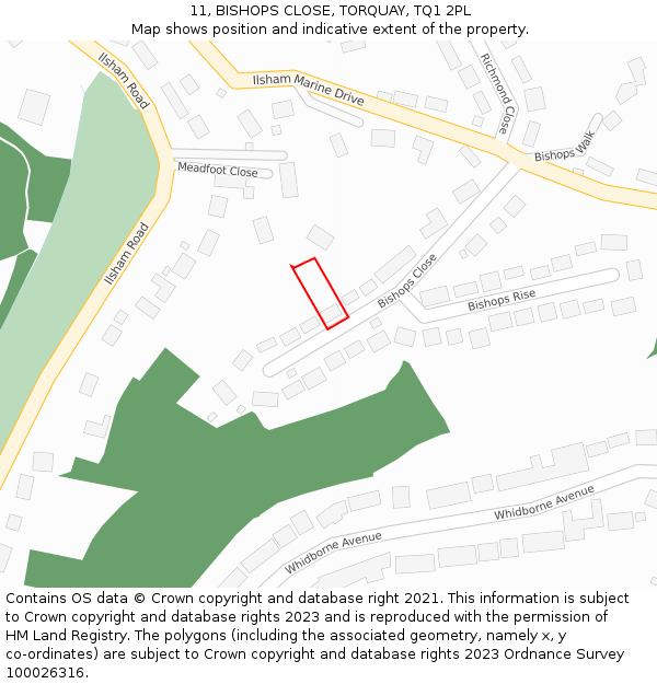 11, BISHOPS CLOSE, TORQUAY, TQ1 2PL: Location map and indicative extent of plot
