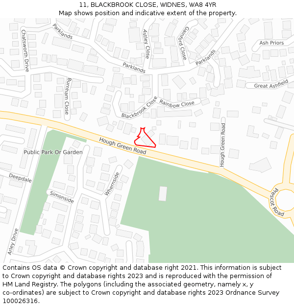 11, BLACKBROOK CLOSE, WIDNES, WA8 4YR: Location map and indicative extent of plot