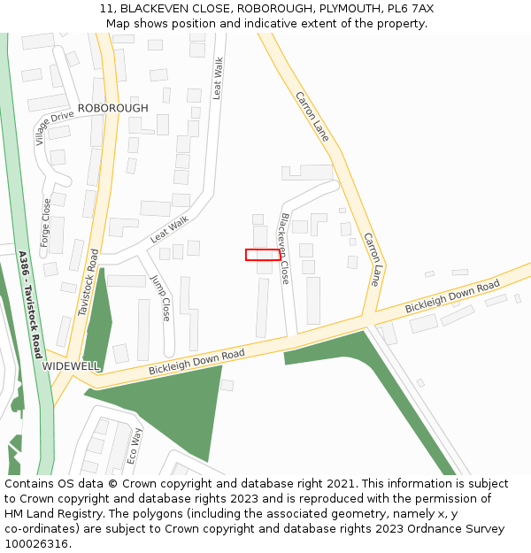 11, BLACKEVEN CLOSE, ROBOROUGH, PLYMOUTH, PL6 7AX: Location map and indicative extent of plot