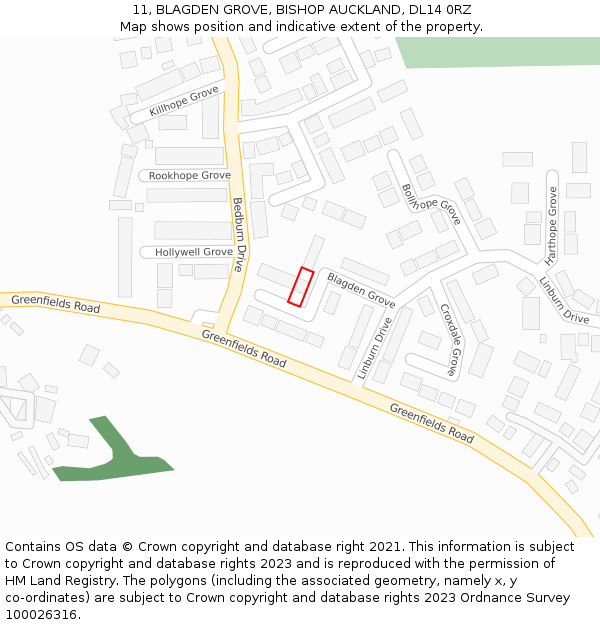 11, BLAGDEN GROVE, BISHOP AUCKLAND, DL14 0RZ: Location map and indicative extent of plot