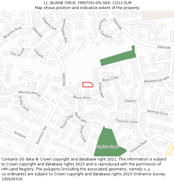 11, BLAINE DRIVE, FRINTON-ON-SEA, CO13 0UR: Location map and indicative extent of plot