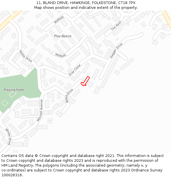 11, BLAND DRIVE, HAWKINGE, FOLKESTONE, CT18 7PX: Location map and indicative extent of plot