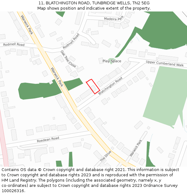 11, BLATCHINGTON ROAD, TUNBRIDGE WELLS, TN2 5EG: Location map and indicative extent of plot