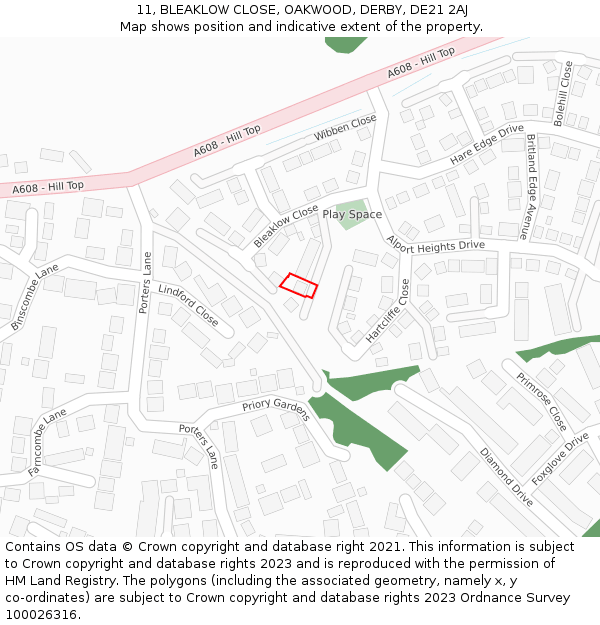 11, BLEAKLOW CLOSE, OAKWOOD, DERBY, DE21 2AJ: Location map and indicative extent of plot