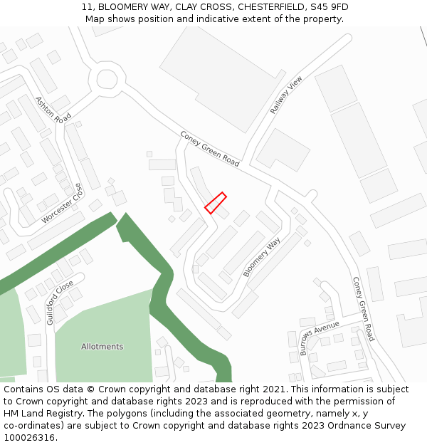 11, BLOOMERY WAY, CLAY CROSS, CHESTERFIELD, S45 9FD: Location map and indicative extent of plot