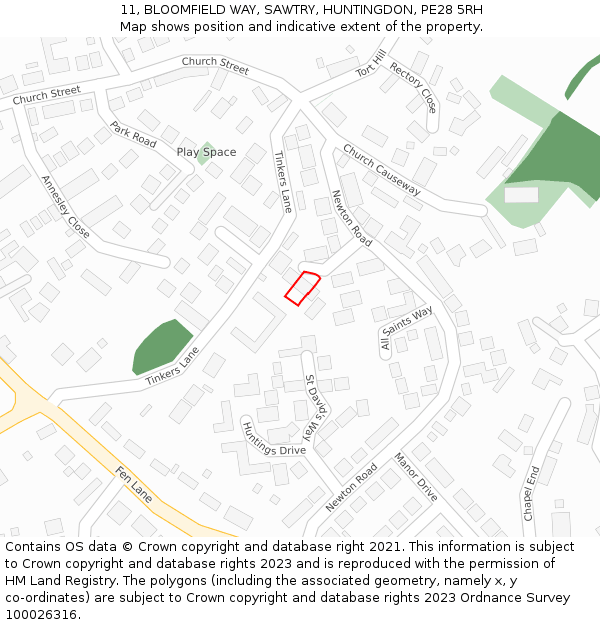 11, BLOOMFIELD WAY, SAWTRY, HUNTINGDON, PE28 5RH: Location map and indicative extent of plot