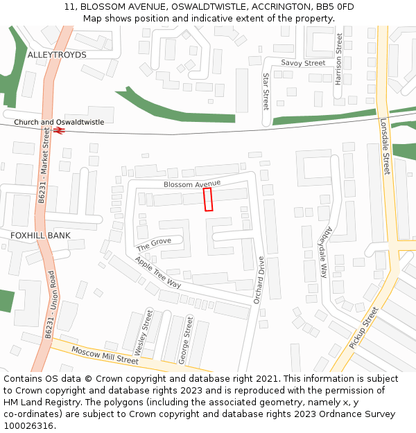 11, BLOSSOM AVENUE, OSWALDTWISTLE, ACCRINGTON, BB5 0FD: Location map and indicative extent of plot