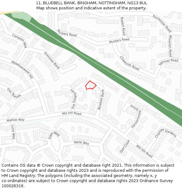 11, BLUEBELL BANK, BINGHAM, NOTTINGHAM, NG13 8UL: Location map and indicative extent of plot