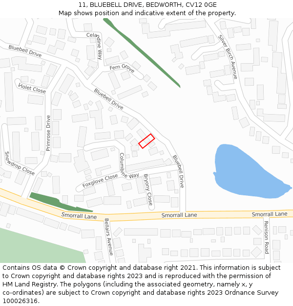 11, BLUEBELL DRIVE, BEDWORTH, CV12 0GE: Location map and indicative extent of plot