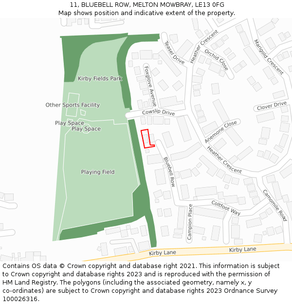 11, BLUEBELL ROW, MELTON MOWBRAY, LE13 0FG: Location map and indicative extent of plot