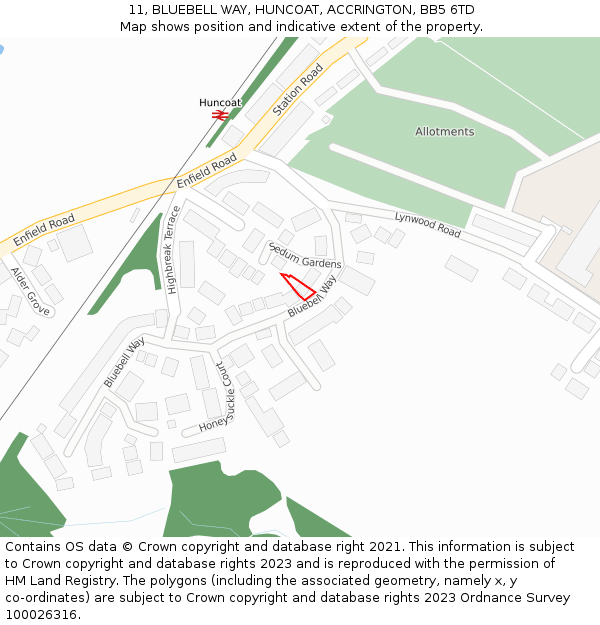 11, BLUEBELL WAY, HUNCOAT, ACCRINGTON, BB5 6TD: Location map and indicative extent of plot