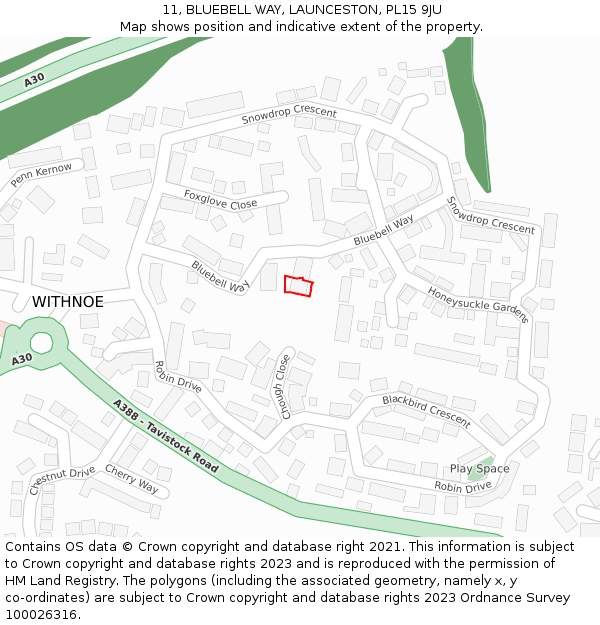 11, BLUEBELL WAY, LAUNCESTON, PL15 9JU: Location map and indicative extent of plot