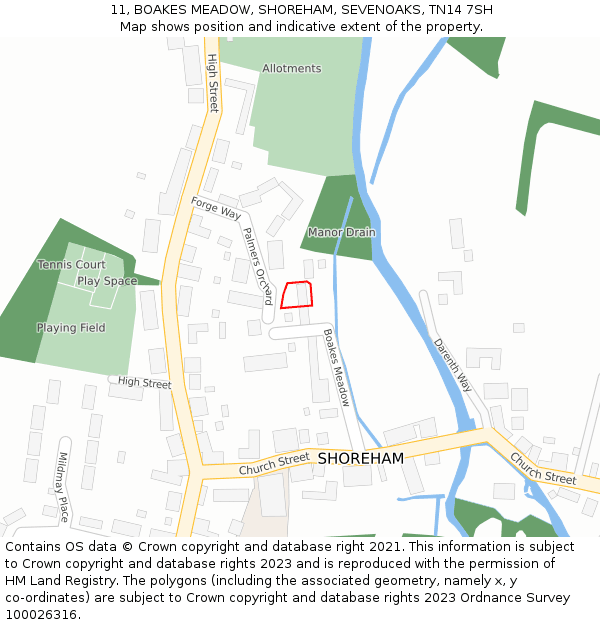 11, BOAKES MEADOW, SHOREHAM, SEVENOAKS, TN14 7SH: Location map and indicative extent of plot