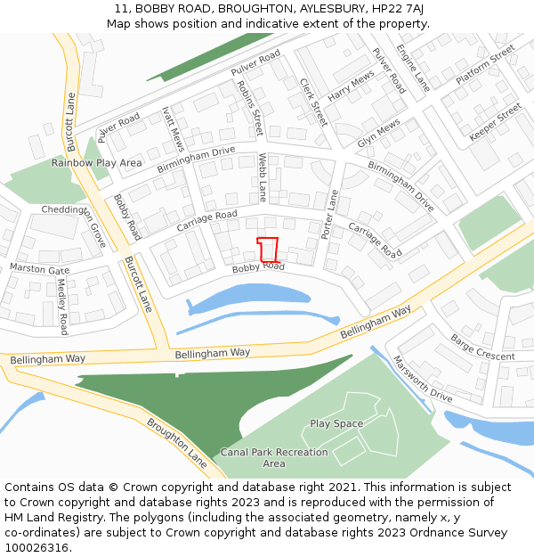 11, BOBBY ROAD, BROUGHTON, AYLESBURY, HP22 7AJ: Location map and indicative extent of plot