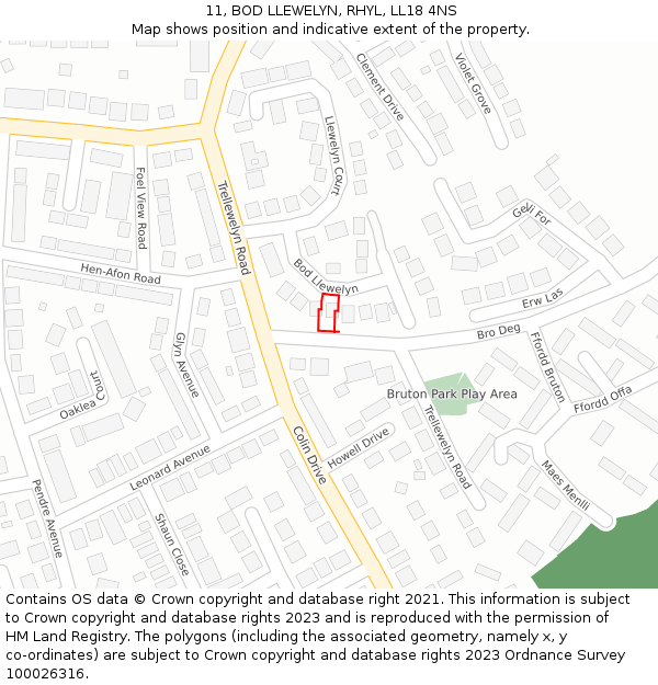 11, BOD LLEWELYN, RHYL, LL18 4NS: Location map and indicative extent of plot