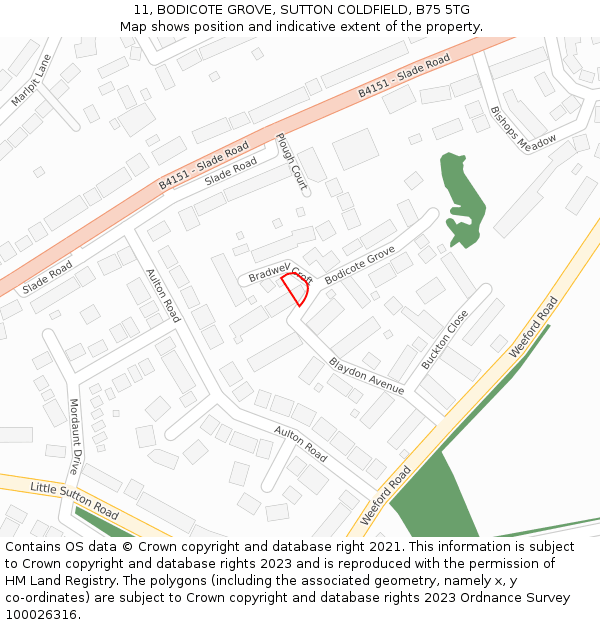 11, BODICOTE GROVE, SUTTON COLDFIELD, B75 5TG: Location map and indicative extent of plot