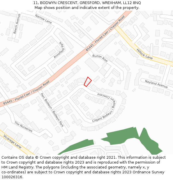 11, BODWYN CRESCENT, GRESFORD, WREXHAM, LL12 8NQ: Location map and indicative extent of plot