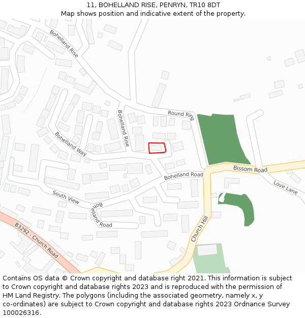 11, BOHELLAND RISE, PENRYN, TR10 8DT: Location map and indicative extent of plot