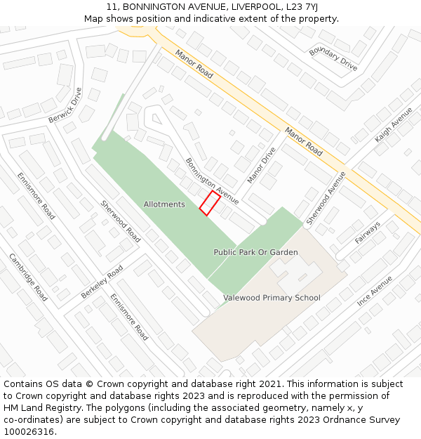 11, BONNINGTON AVENUE, LIVERPOOL, L23 7YJ: Location map and indicative extent of plot