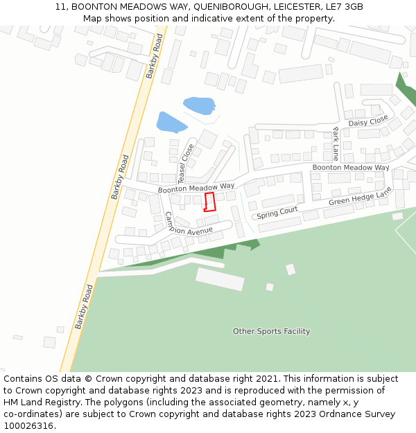 11, BOONTON MEADOWS WAY, QUENIBOROUGH, LEICESTER, LE7 3GB: Location map and indicative extent of plot