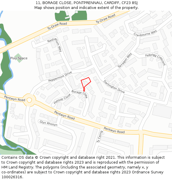 11, BORAGE CLOSE, PONTPRENNAU, CARDIFF, CF23 8SJ: Location map and indicative extent of plot