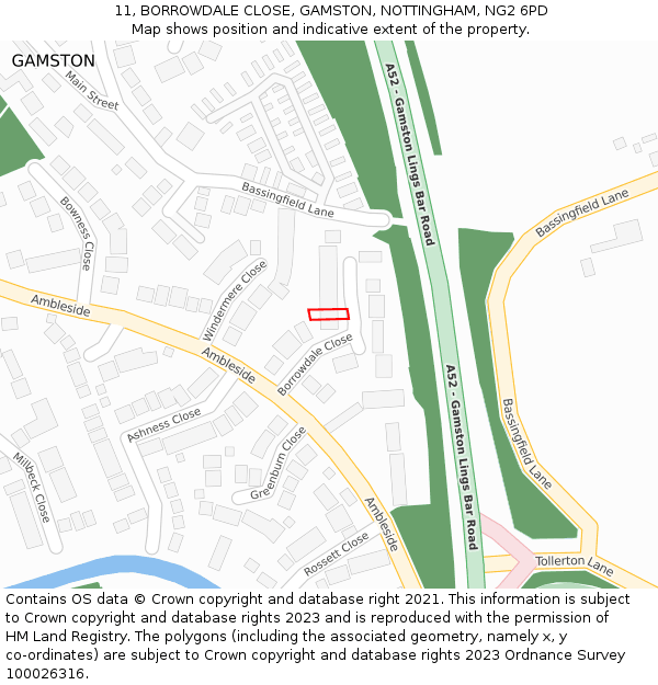 11, BORROWDALE CLOSE, GAMSTON, NOTTINGHAM, NG2 6PD: Location map and indicative extent of plot