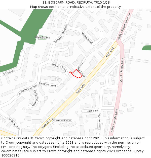 11, BOSCARN ROAD, REDRUTH, TR15 1QB: Location map and indicative extent of plot