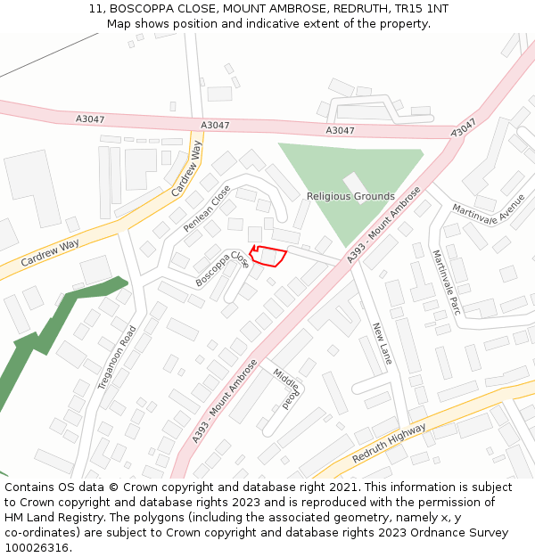 11, BOSCOPPA CLOSE, MOUNT AMBROSE, REDRUTH, TR15 1NT: Location map and indicative extent of plot