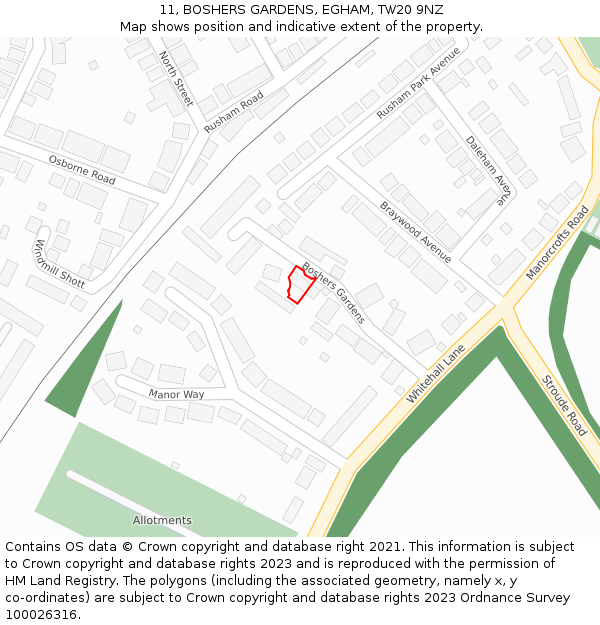 11, BOSHERS GARDENS, EGHAM, TW20 9NZ: Location map and indicative extent of plot