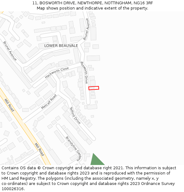 11, BOSWORTH DRIVE, NEWTHORPE, NOTTINGHAM, NG16 3RF: Location map and indicative extent of plot
