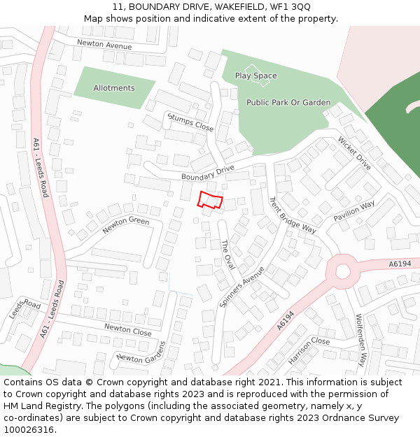 11, BOUNDARY DRIVE, WAKEFIELD, WF1 3QQ: Location map and indicative extent of plot