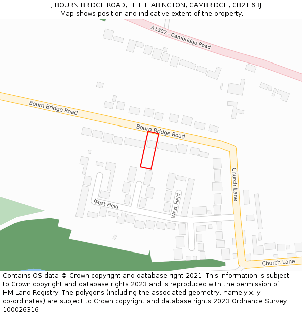 11, BOURN BRIDGE ROAD, LITTLE ABINGTON, CAMBRIDGE, CB21 6BJ: Location map and indicative extent of plot