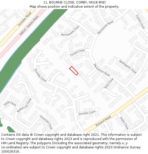 11, BOURNE CLOSE, CORBY, NN18 8ND: Location map and indicative extent of plot