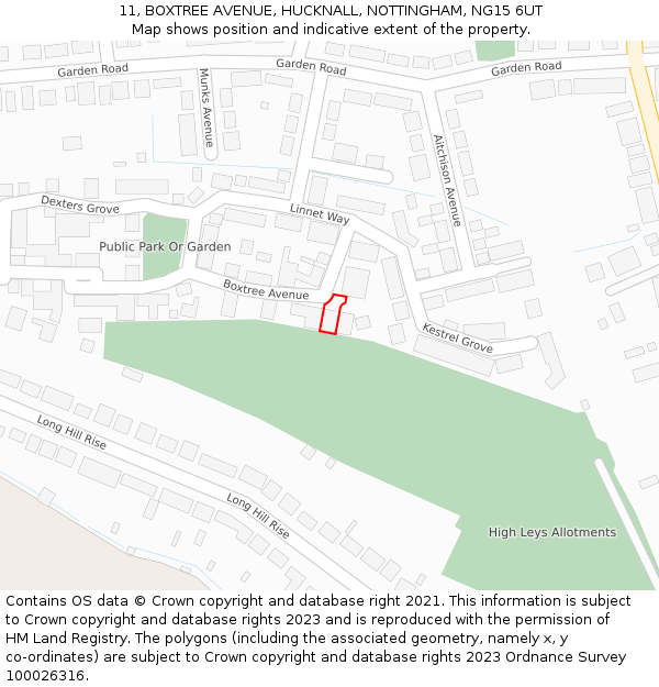 11, BOXTREE AVENUE, HUCKNALL, NOTTINGHAM, NG15 6UT: Location map and indicative extent of plot