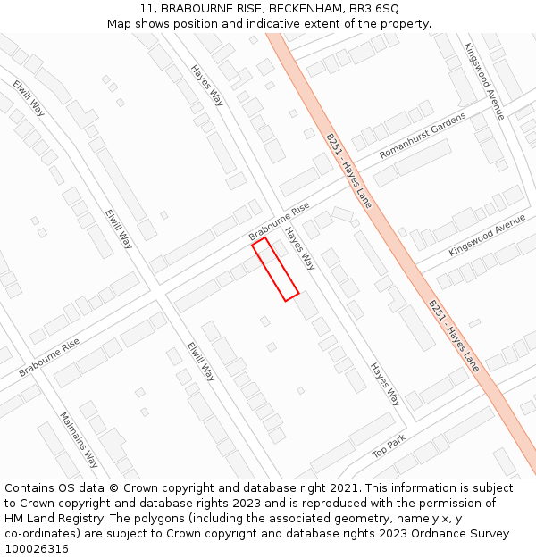 11, BRABOURNE RISE, BECKENHAM, BR3 6SQ: Location map and indicative extent of plot