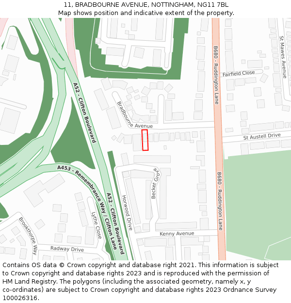 11, BRADBOURNE AVENUE, NOTTINGHAM, NG11 7BL: Location map and indicative extent of plot